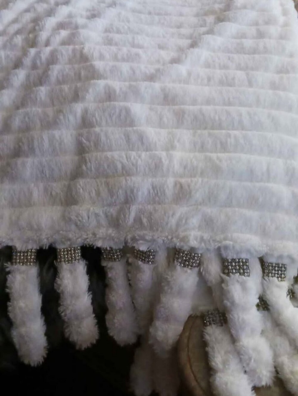 White Plush Throw Blanket With Rinestones And Pearl Tails